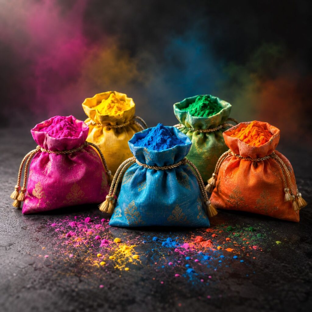 5 Farbbeutel mit Holi-Farbpulver in Pink, Gelb, Blau, Grün und Orange